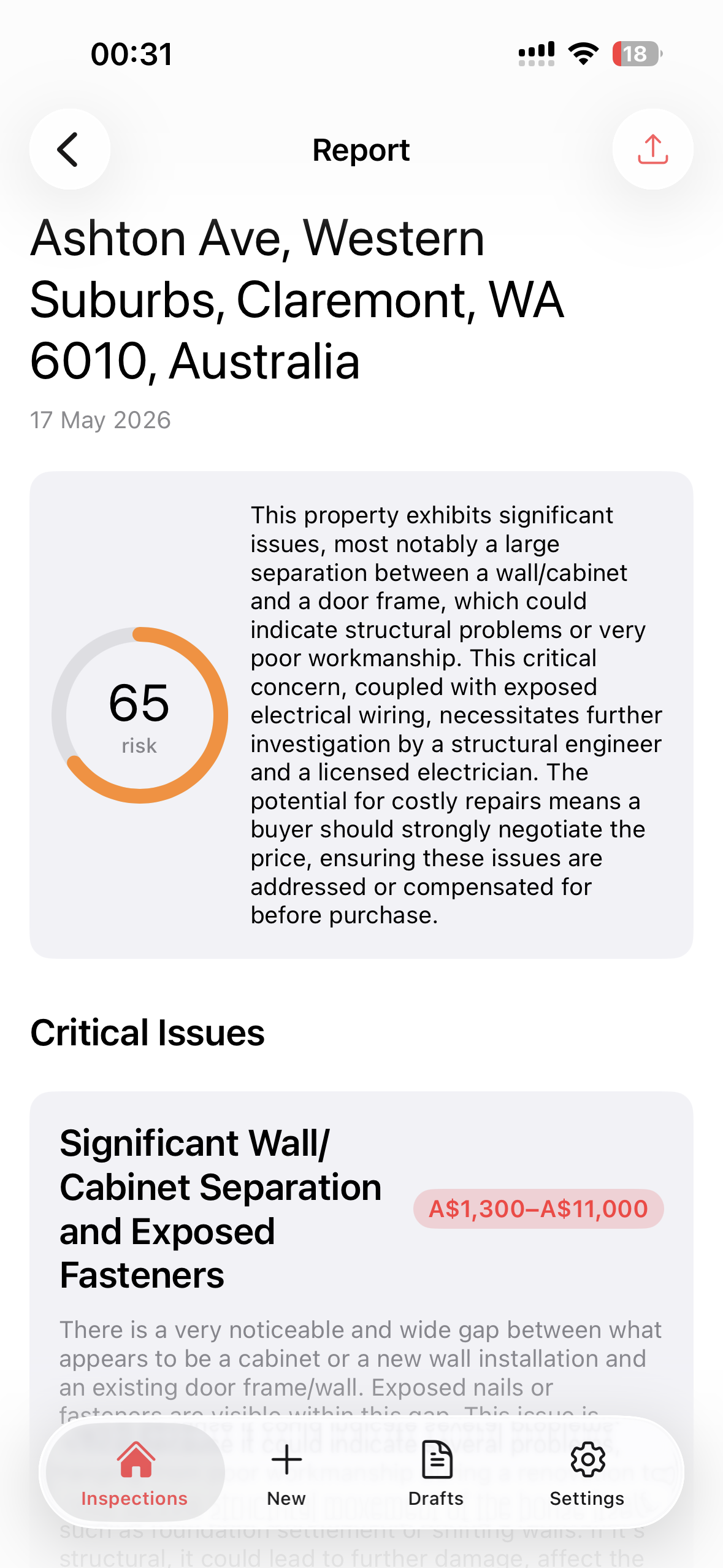 Inspectly report screen with risk score and issues
